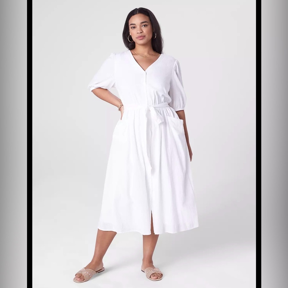 Lane Bryant Cream Button-Up Midi Dress (NO BELT) - Picture 1 of 6